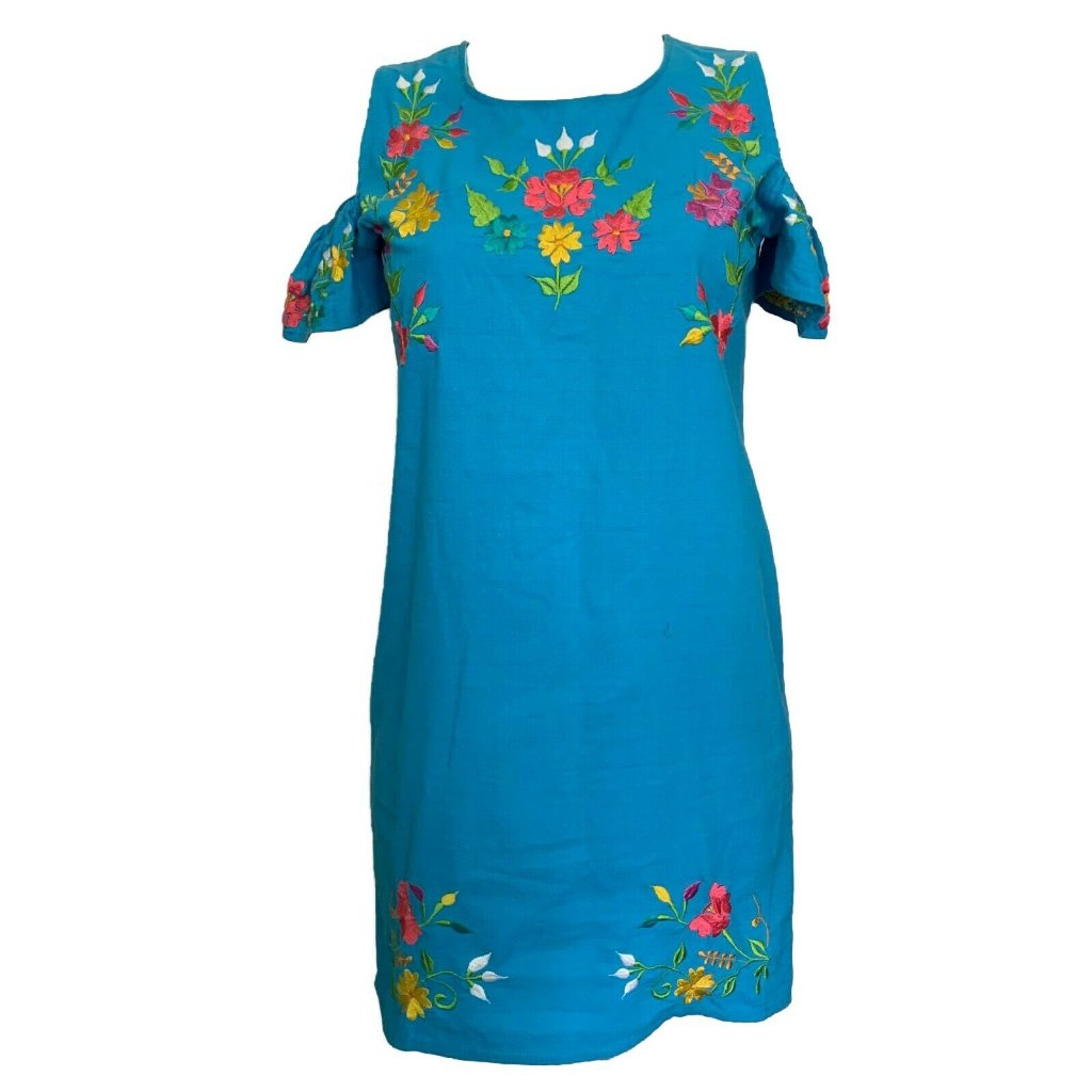 Pre Owned Blue Hand Made Embroidered Flower Dress M